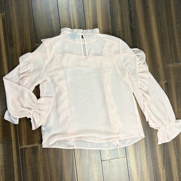 Sheer Pink size S Ruffle Mock Neck Blouse Top Long Sleeve Balloon Sleeves Cuff - Picture 6 of 8